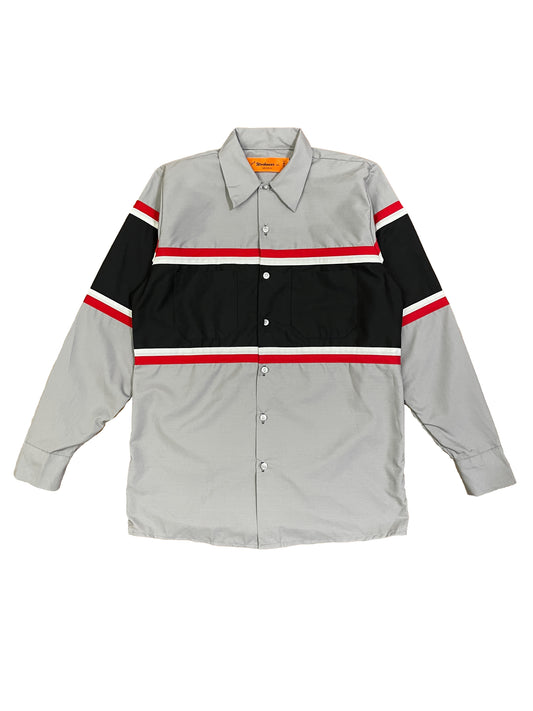 Red & Black Stripe Grey Long Sleeve Button Up